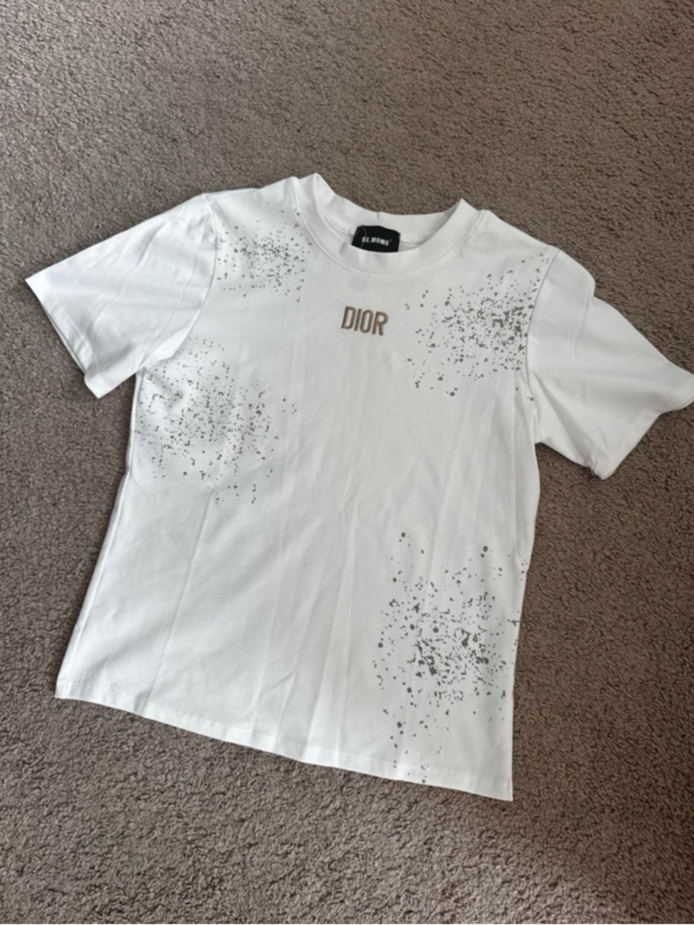 Dior White Tee with Silver Speckle and Gold Logo
